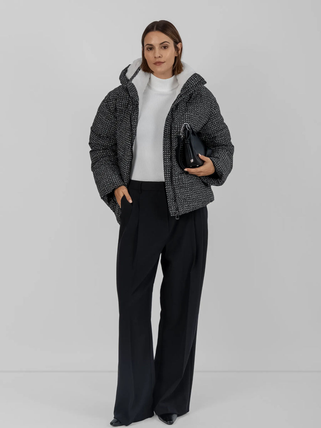 WarmCore™ Houndstooth Classic Short Detachable Hooded Puffer Jacket