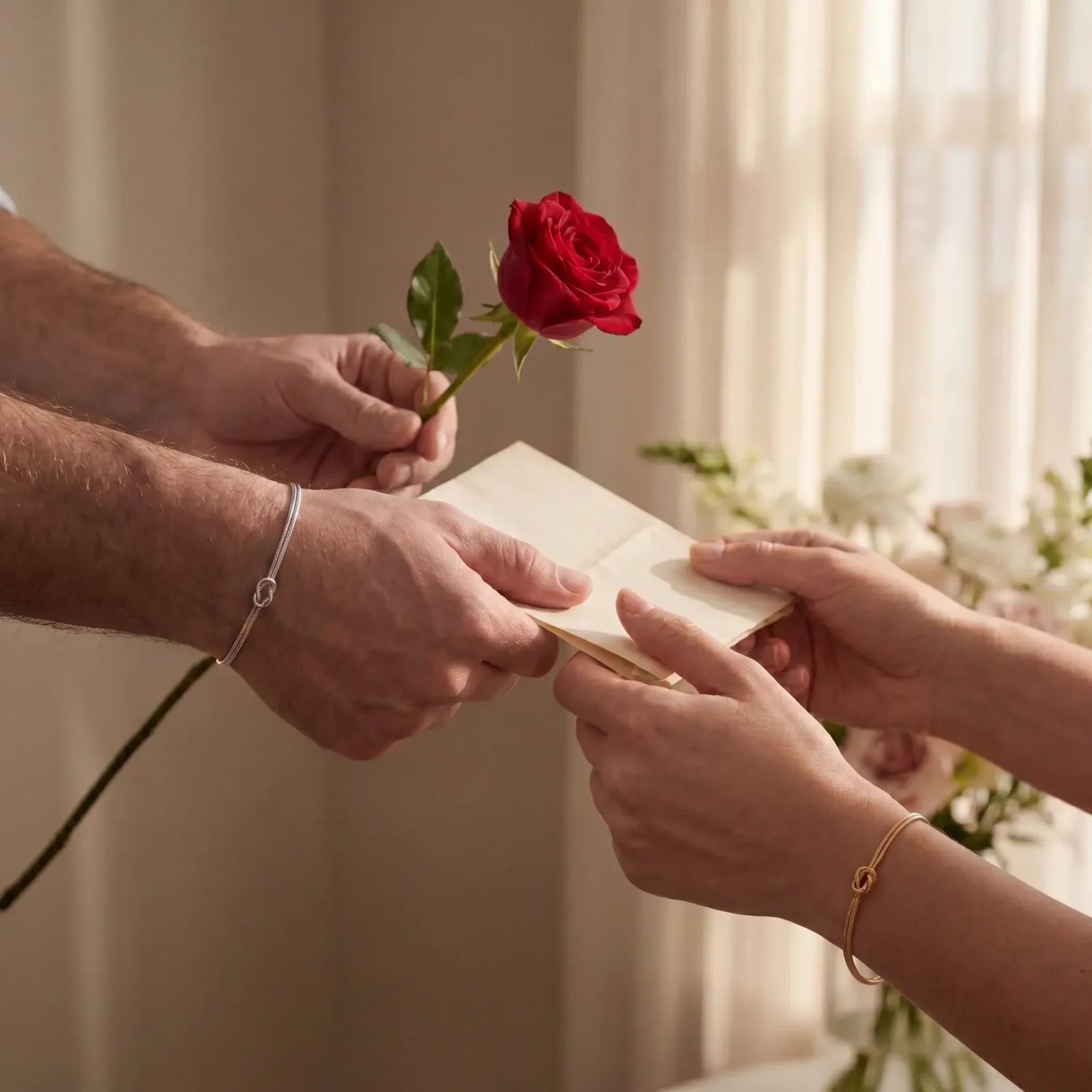 Ein Mensch überreicht einer anderen Person eine Rose und einen persönlichen Brief