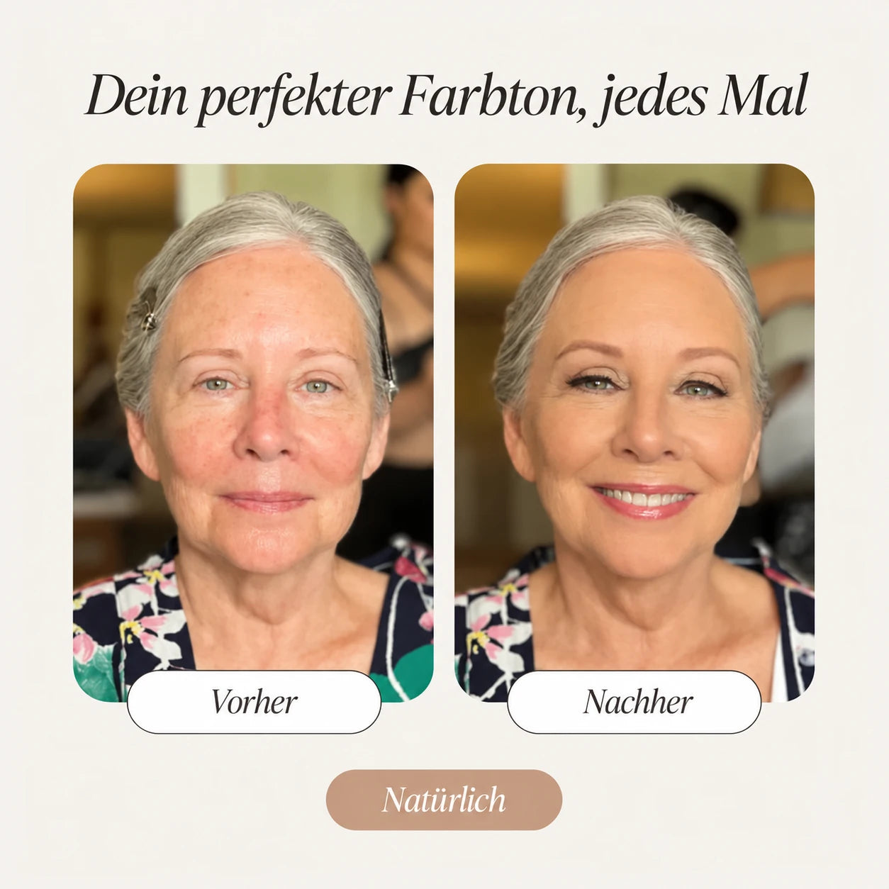 Vorher und Nachher mit Color Changing Foundation – Natural