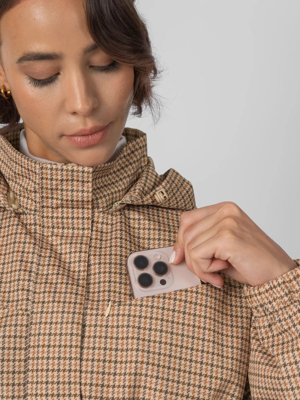 STM-TEX™ Beige Houndstooth Short Drawstring Waist Rain Jacket