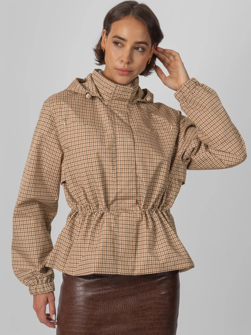 STM-TEX™ Beige Houndstooth Short Drawstring Waist Rain Jacket