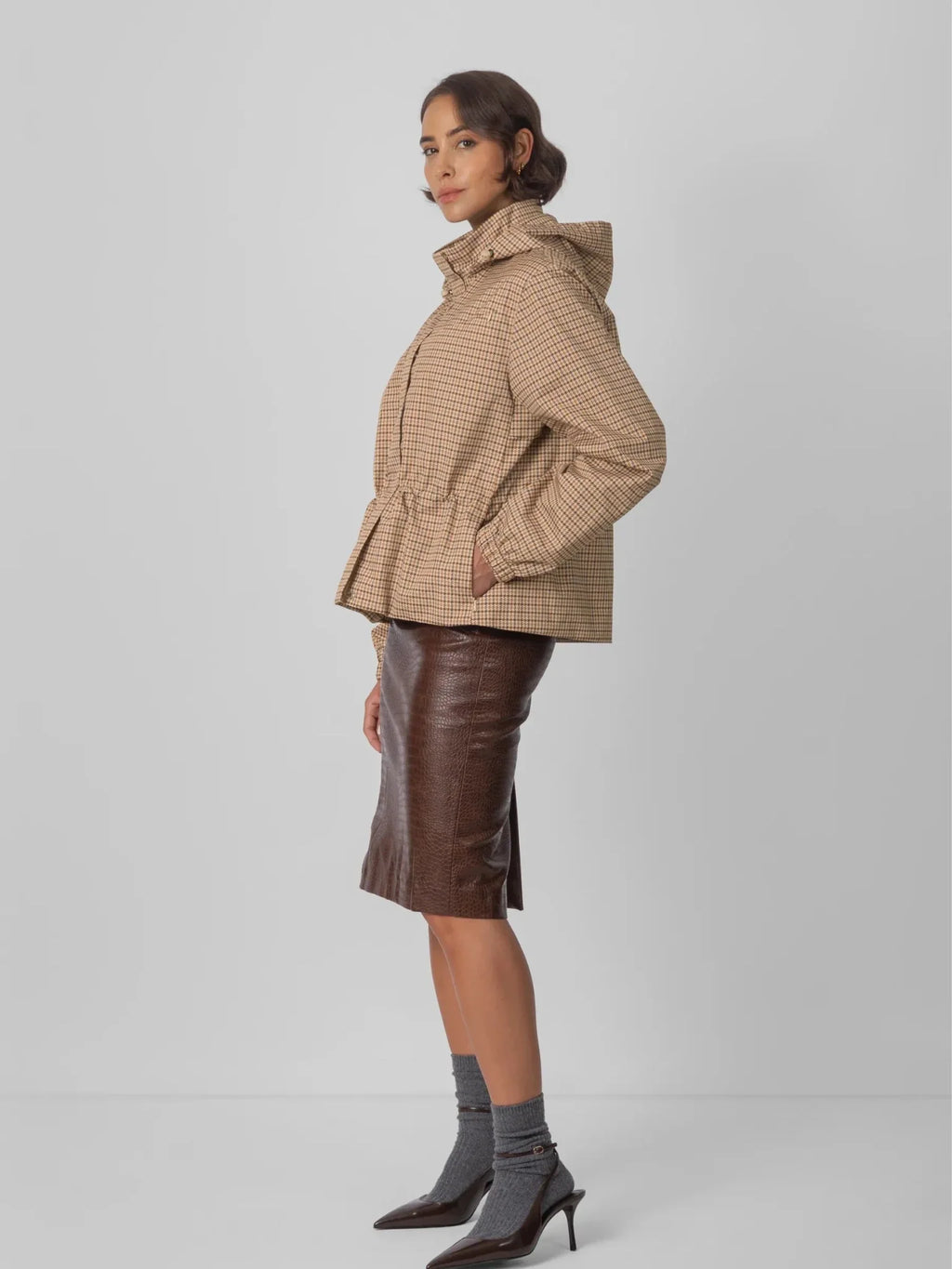 STM-TEX™ Beige Houndstooth Short Drawstring Waist Rain Jacket