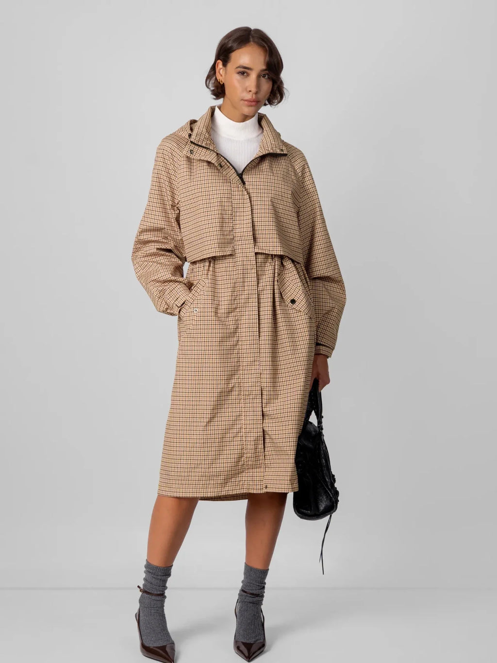 STM-TEX™ Beige Houndstooth Elevated Long Breathable Raincoat