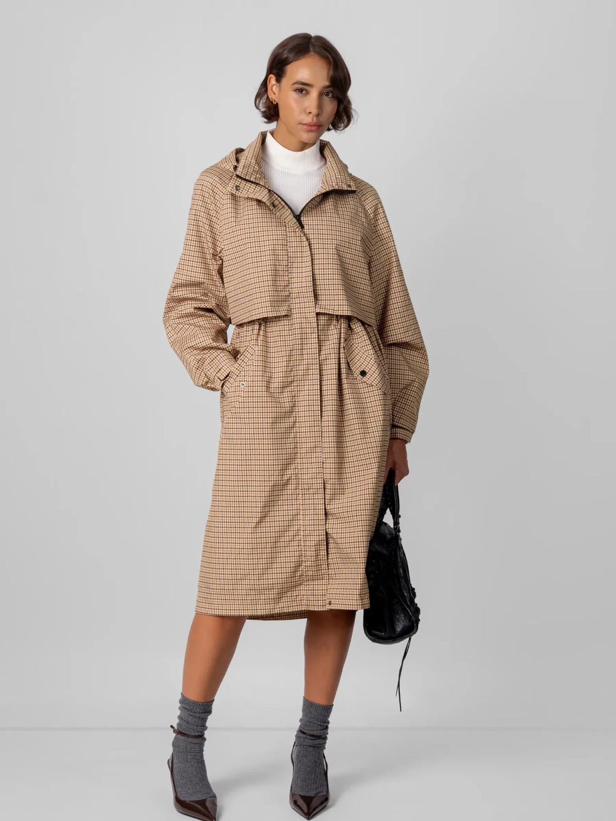 STM-TEX™ Beige Houndstooth Elevated Long Breathable Raincoat