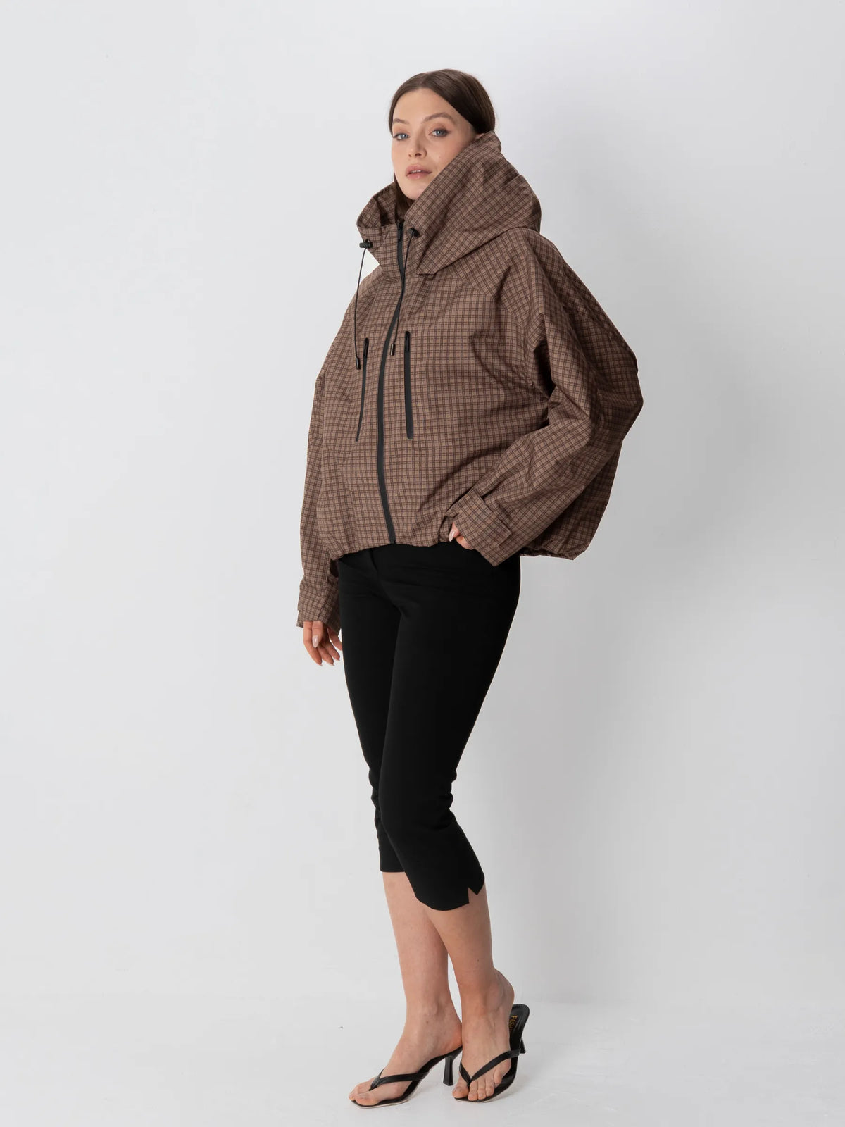 STM-TEX™ One Size Brown Check Short Oversized Rain Jacket