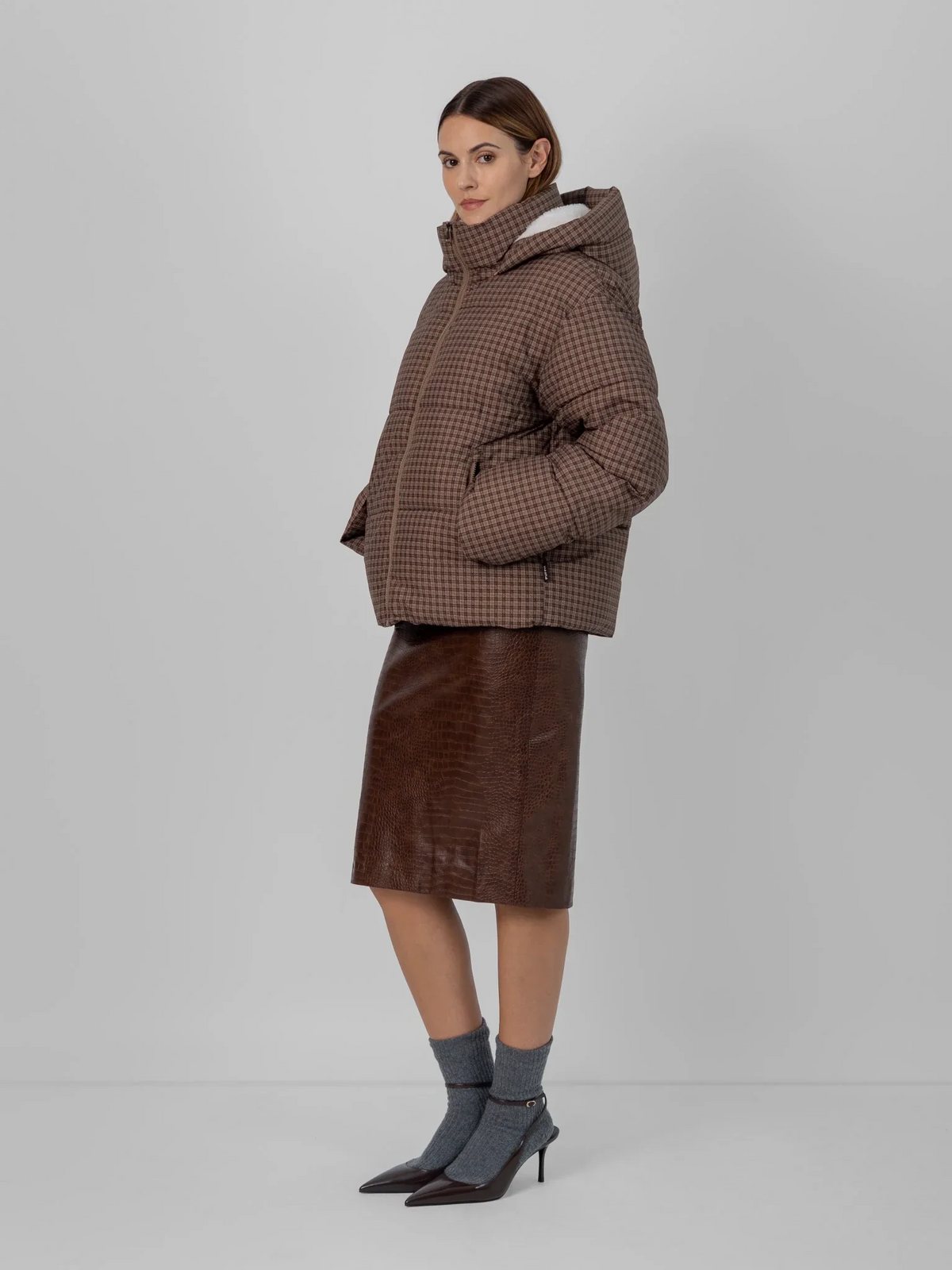 WarmCore™ Brown Check Faux Fur Lined Detachable Hooded Short Puffer Jacket