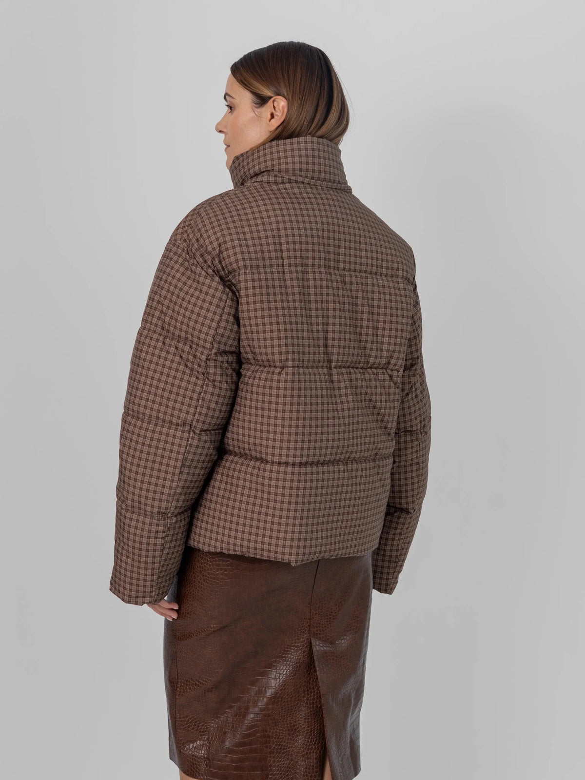 WarmCore™ Brown Check Faux Fur Lined Detachable Hooded Short Puffer Jacket