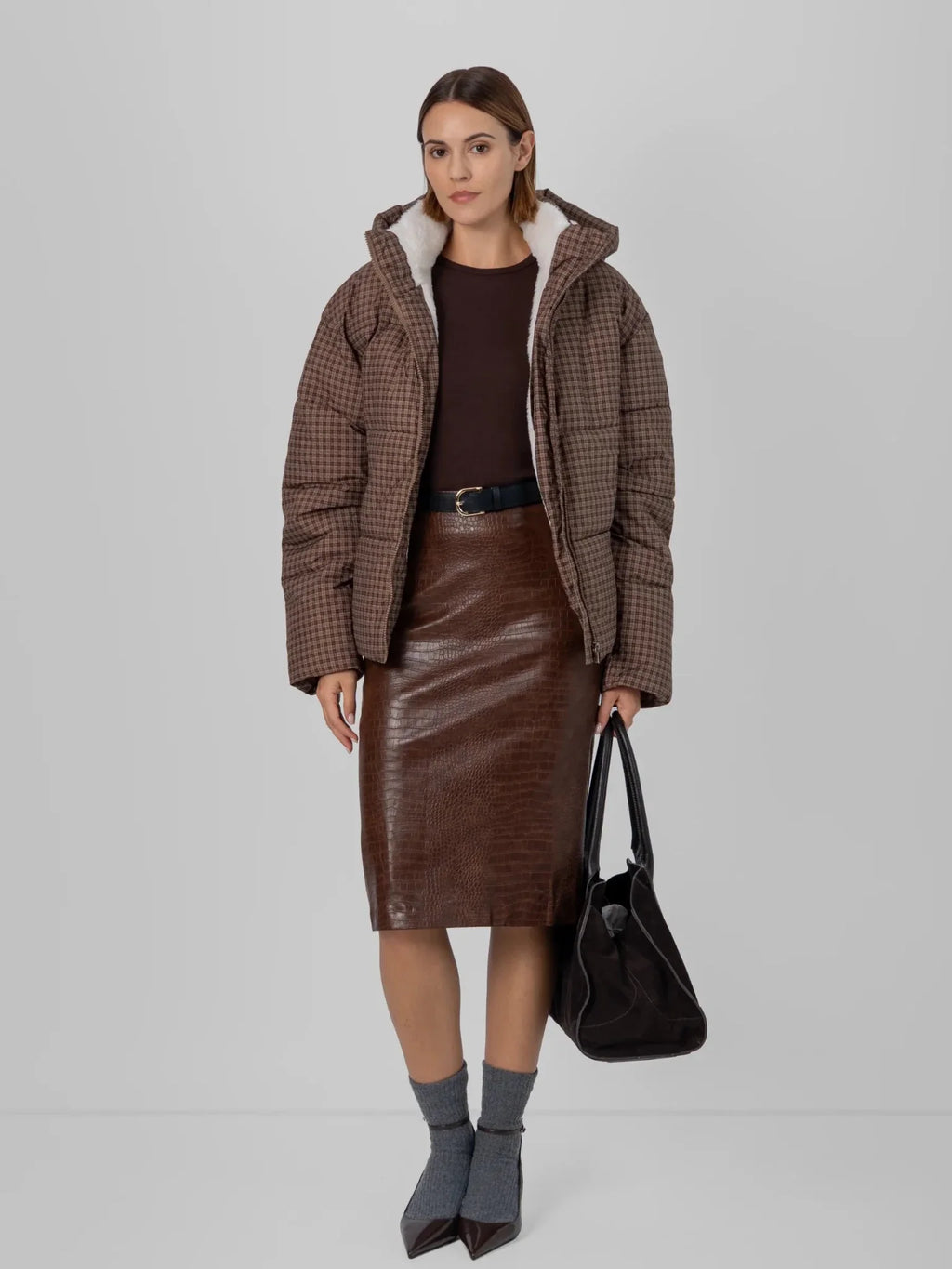 WarmCore™ Brown Check Faux Fur Lined Detachable Hooded Short Puffer Jacket