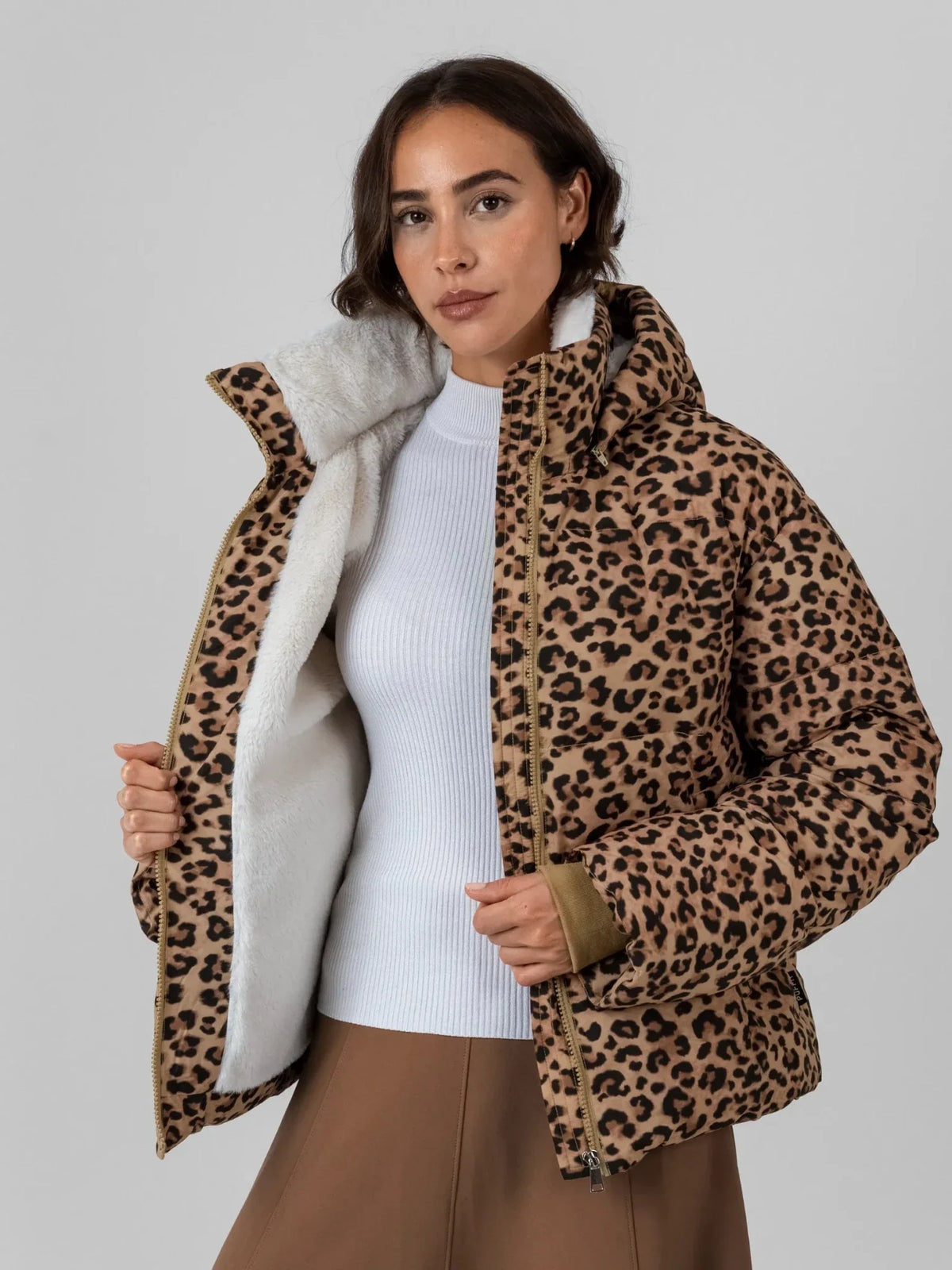 WarmCore™ Leopard Print Faux Fur Lined Detachable Hooded Short Puffer Jacket