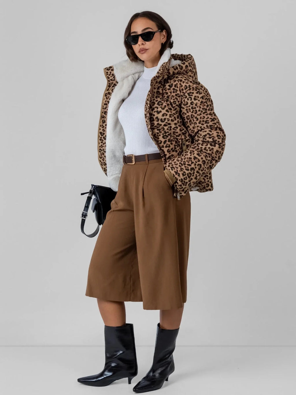 WarmCore™ Leopard Print Faux Fur Lined Detachable Hooded Short Puffer Jacket
