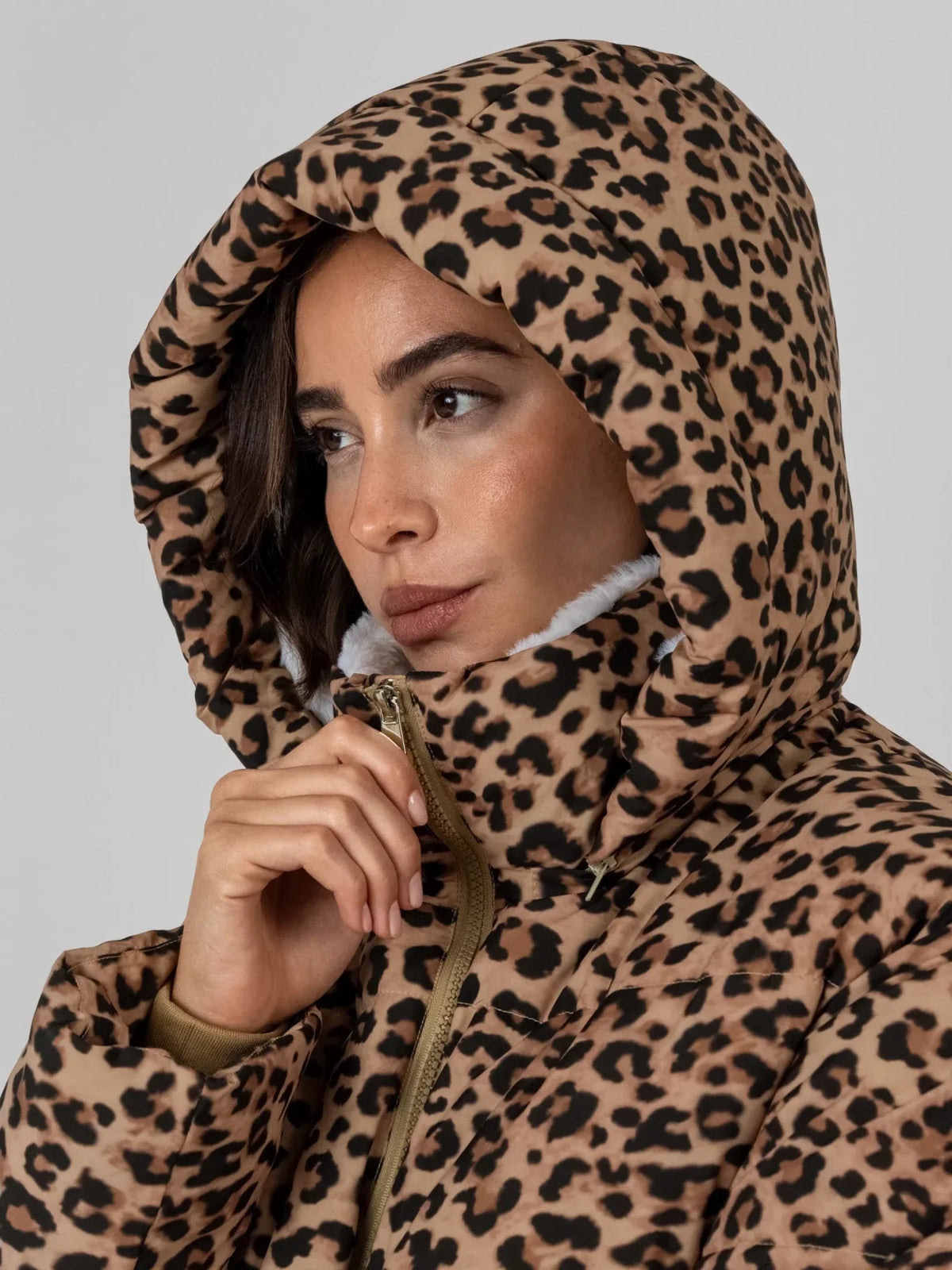 WarmCore™ Leopard Print Faux Fur Lined Detachable Hooded Short Puffer Jacket