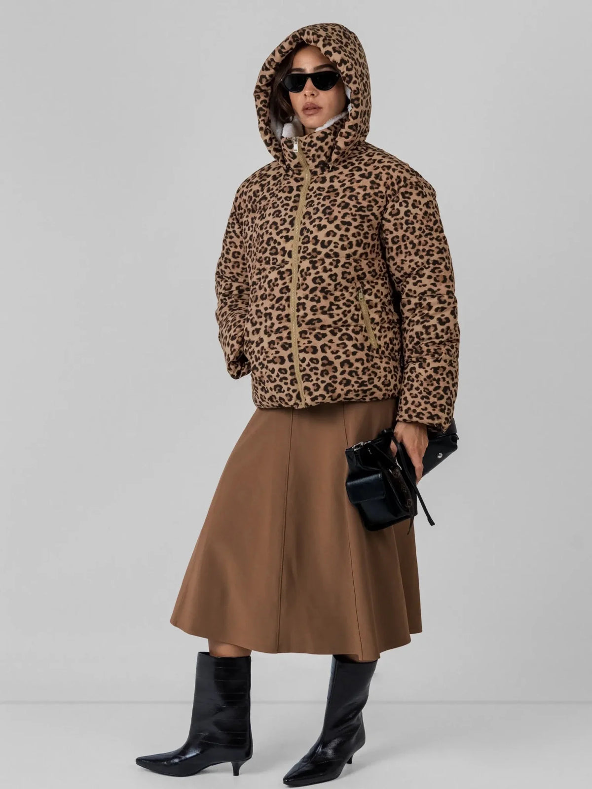 WarmCore™ Leopard Print Faux Fur Lined Detachable Hooded Short Puffer Jacket