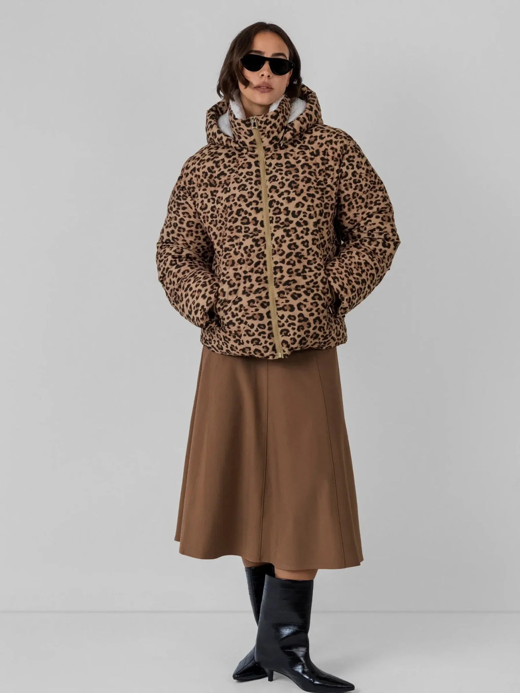 WarmCore™ Leopard Print Faux Fur Lined Detachable Hooded Short Puffer Jacket