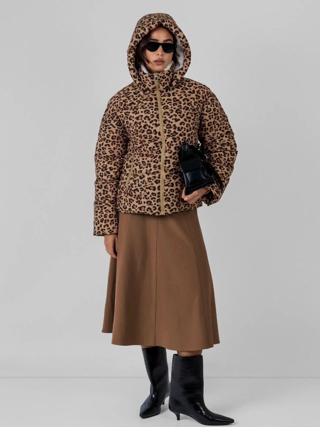 WarmCore™ Leopard Print Faux Fur Lined Detachable Hooded Short Puffer Jacket
