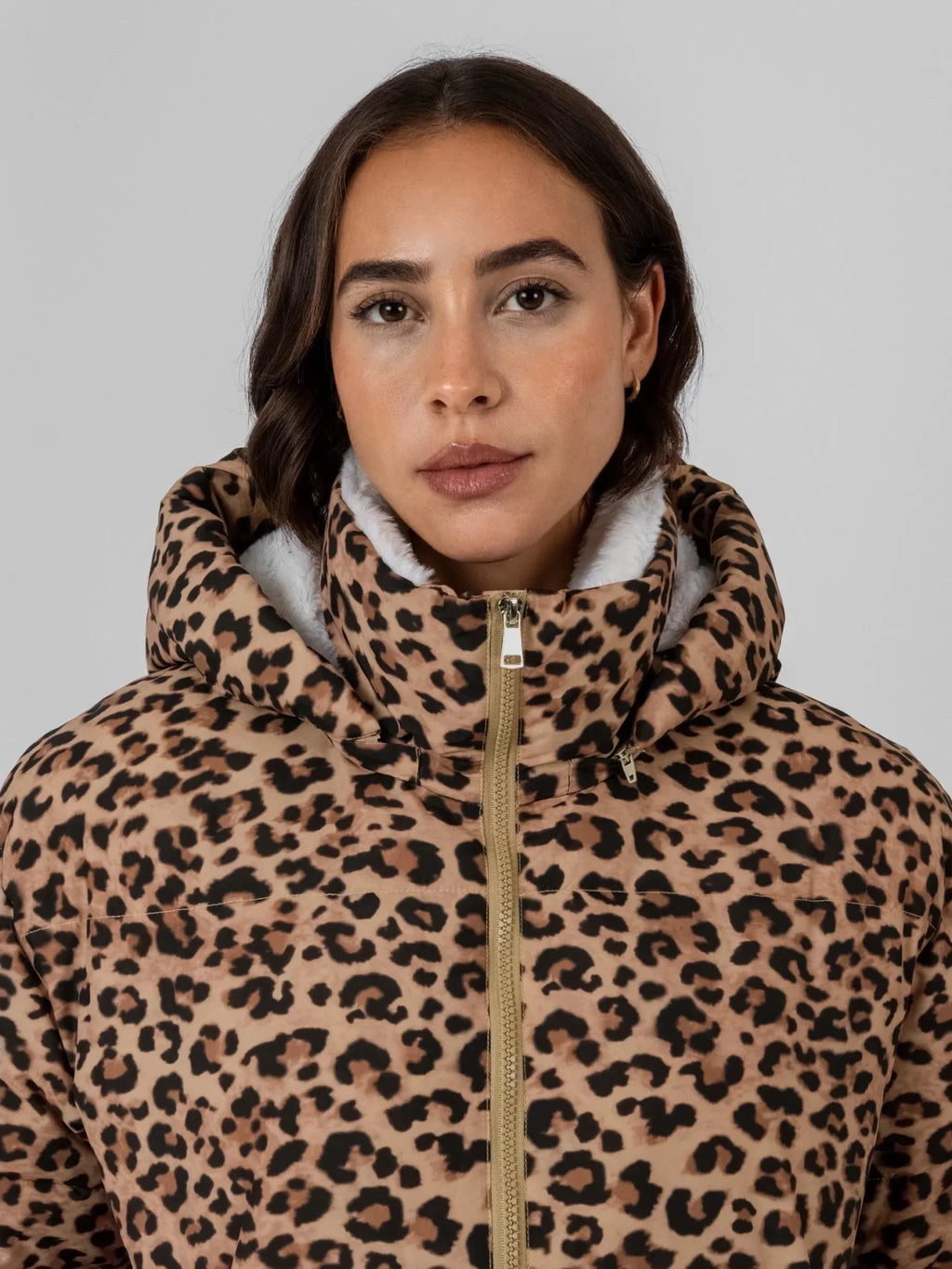 WarmCore™ Leopard Print Faux Fur Lined Detachable Hooded Short Puffer Jacket