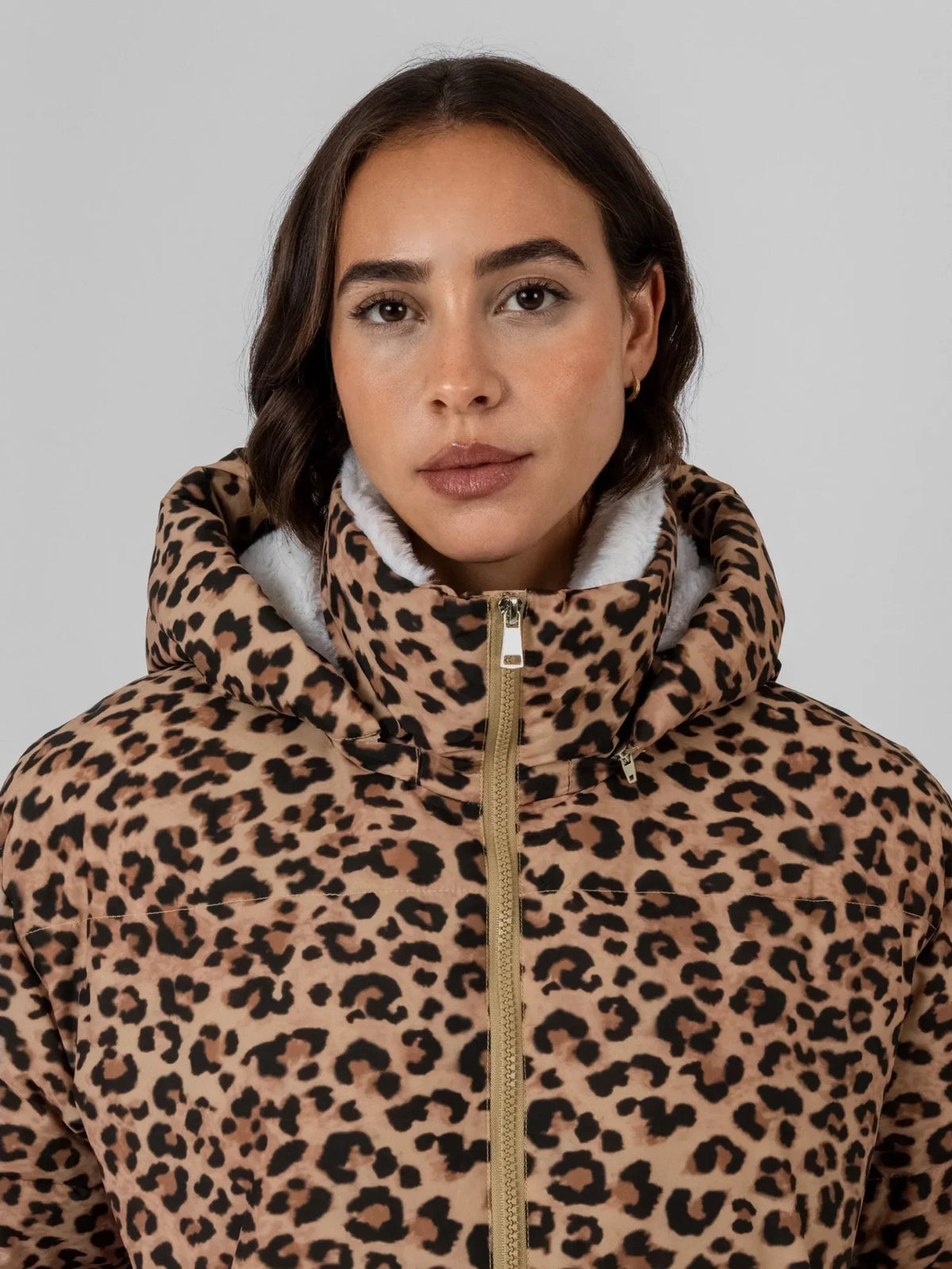 WarmCore™ Leopard Print Faux Fur Lined Detachable Hooded Short Puffer Jacket
