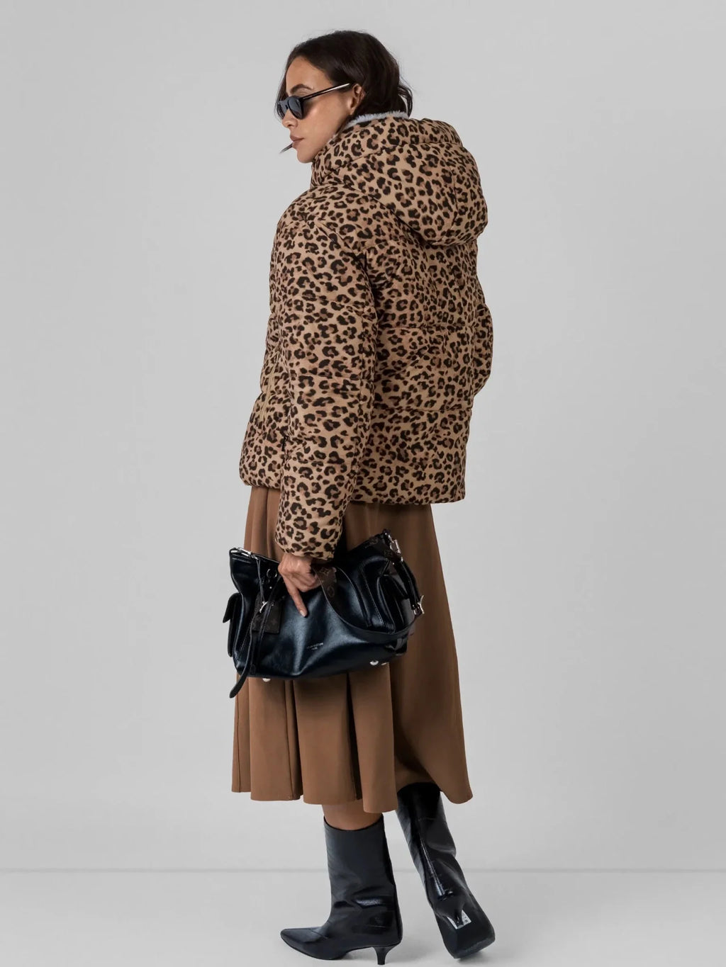WarmCore™ Leopard Print Faux Fur Lined Detachable Hooded Short Puffer Jacket