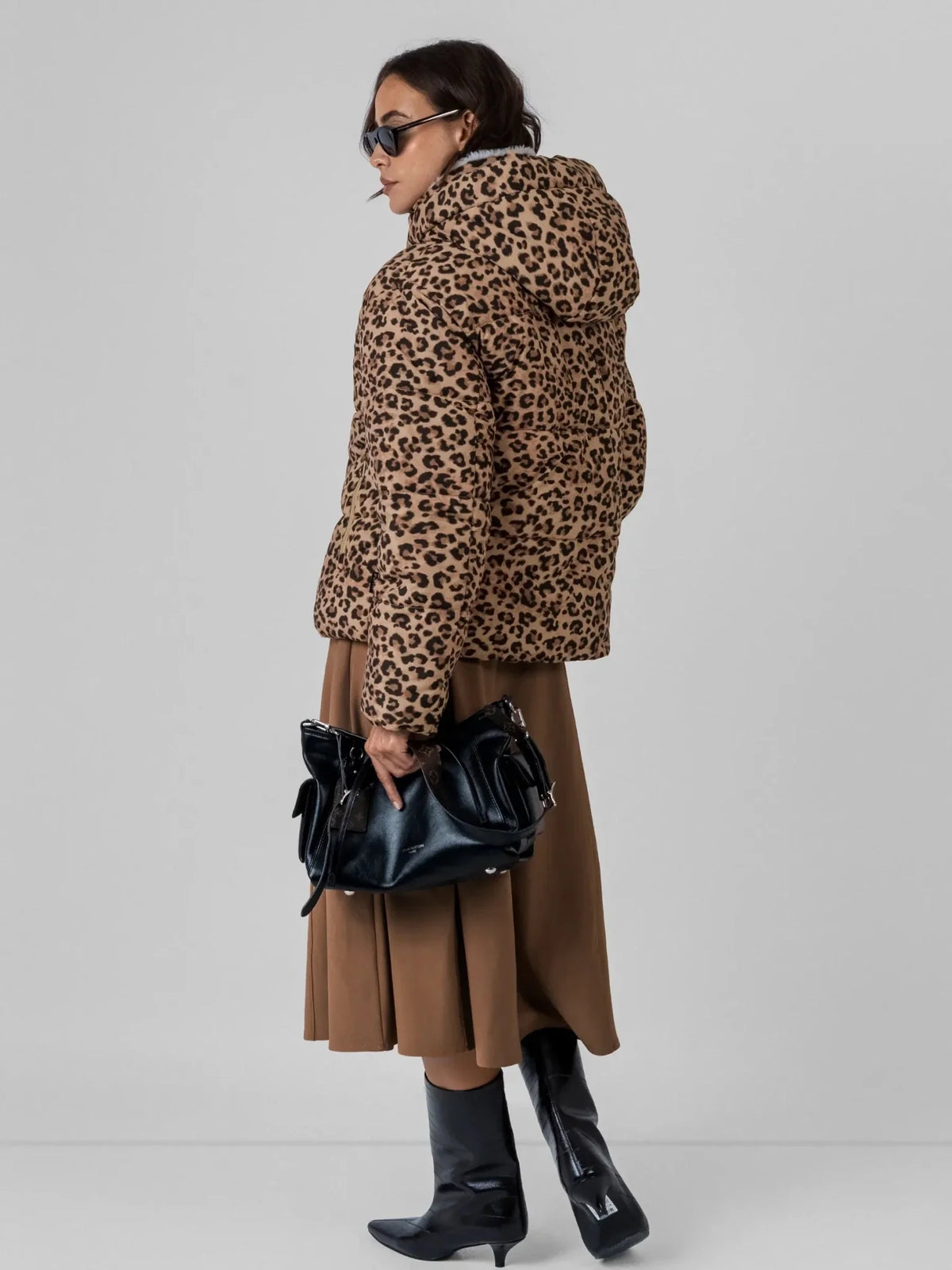 WarmCore™ Leopard Print Faux Fur Lined Detachable Hooded Short Puffer Jacket