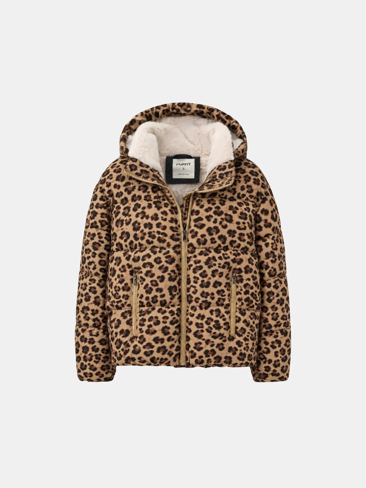 WarmCore™ Leopard Print Faux Fur Lined Detachable Hooded Short Puffer Jacket