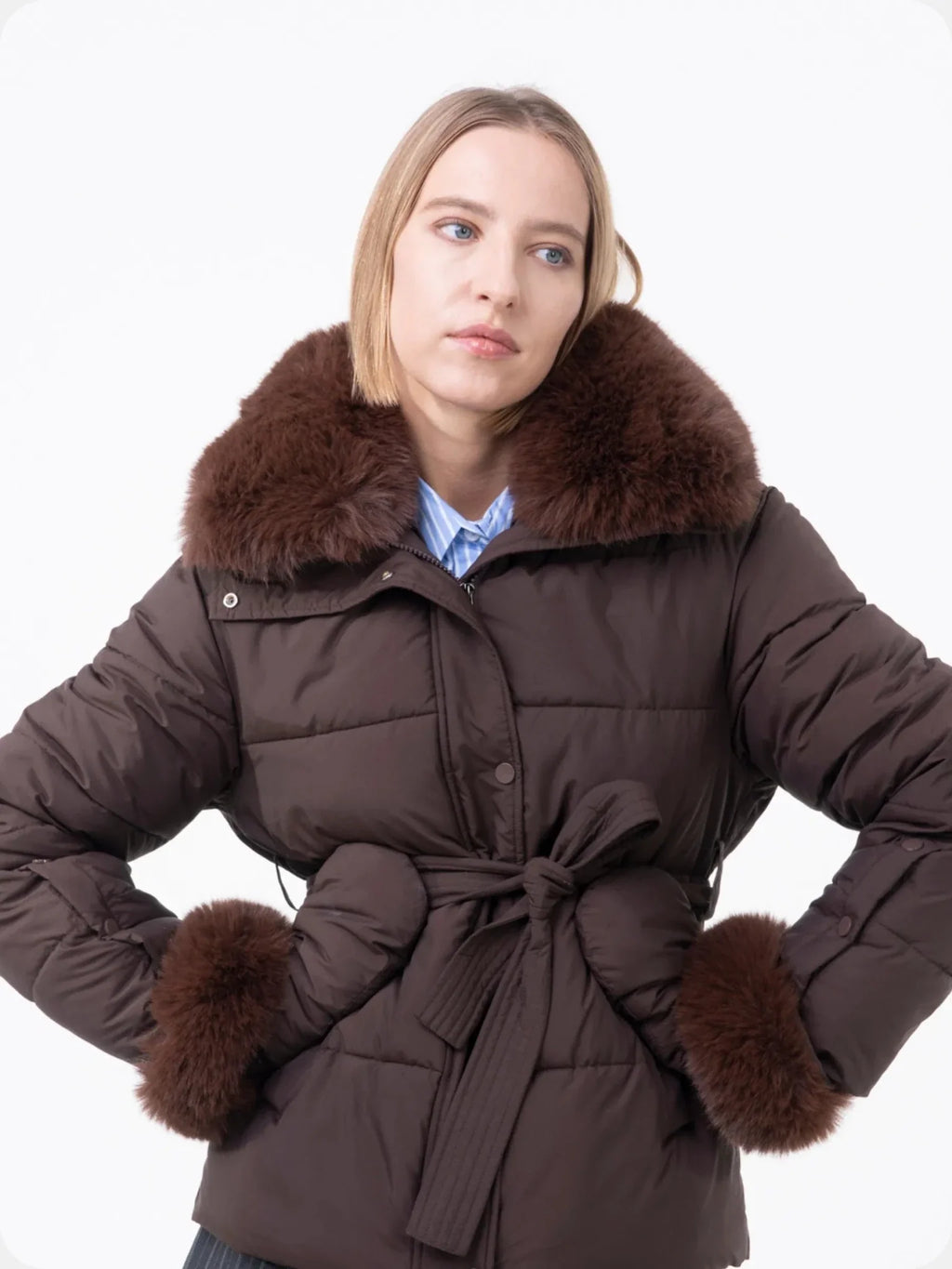WarmCore™ Beige Elevated Detachable Faux Fur Collar Puffer With Belt