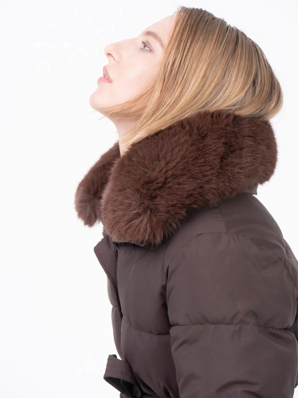 WarmCore™ Beige Elevated Detachable Faux Fur Collar Puffer With Belt