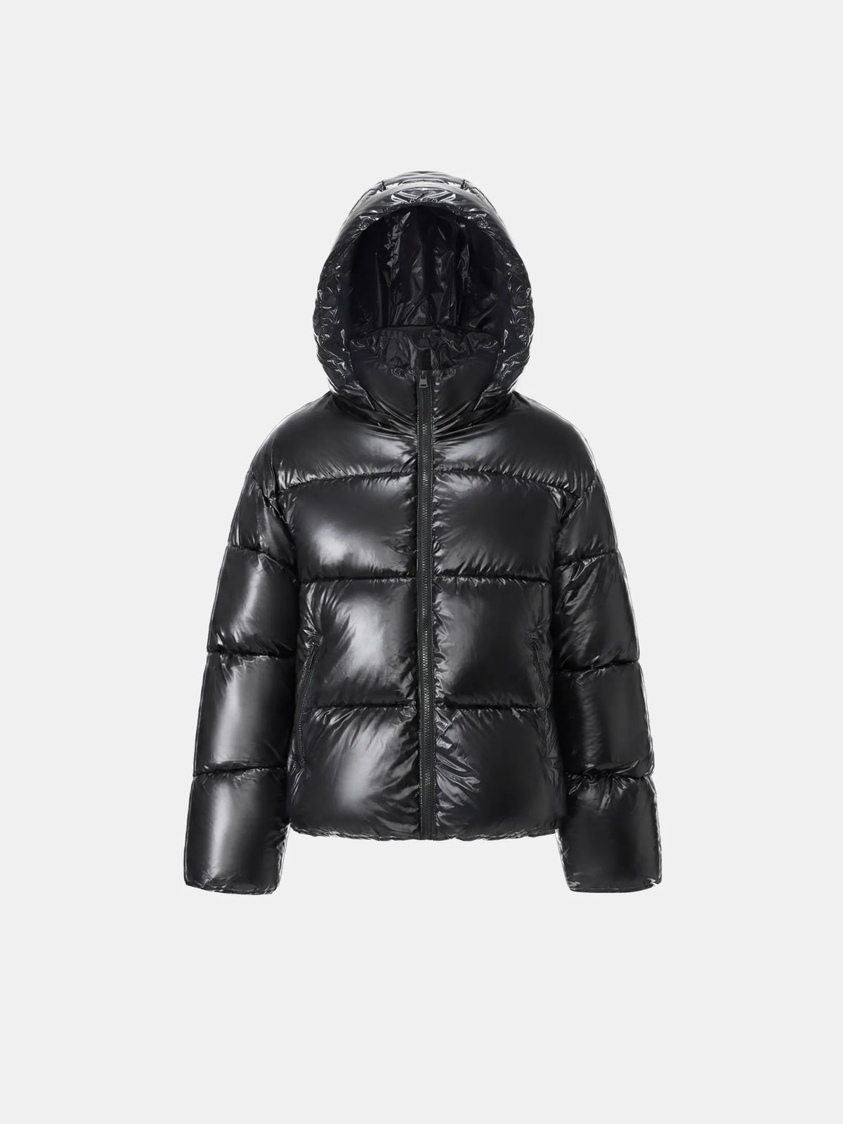 WarmCore™ Shiny Black Detachable Hooded Puffer Jacket